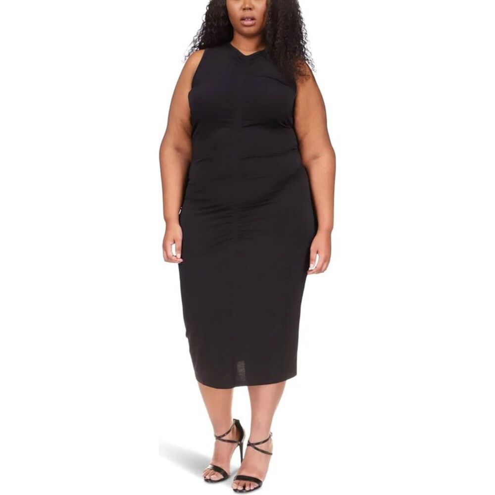 Michael Kors Womens Ruching Sleeveless Midi Dress, Black, Plus Size, 2X, DM